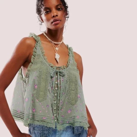Free People Forevermore Sleeveless Top Green Meadow Sz M Lace Boho Fairy Floral - Picture 1 of 9